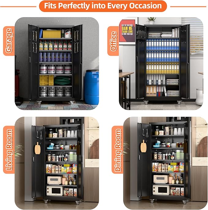 Garage Storage Cabinet with Wheels & Pegboard, 71" H×34" W×18" D Locking Metal Storage Cabinet with 2 Doors and 5 Adjustable Shelves for Garage Home, Assembly Required, Black