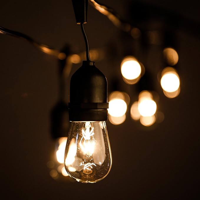 100 Foot Commercial Outdoor String Lights with 50 Suspended Sockets and S14 11 Watt Bulbs (+ 2 Free Spares) - E26 Vintage String Lights for Patio, Yard, Deck, Cafe, Bistro and More