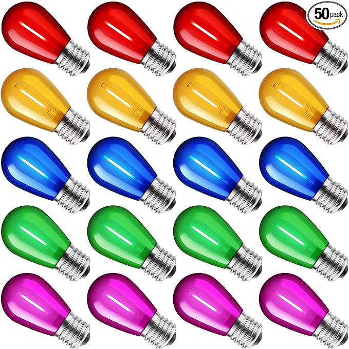 Minetom S14 LED Christmas Replacement Light Bulbs, UL Listed, 1 Watt E26 Medium Base Plastic Shatterproof LED Edison Bulbs, Easily Screw in Strings Spools Strands, Multicolor, 50 Pack