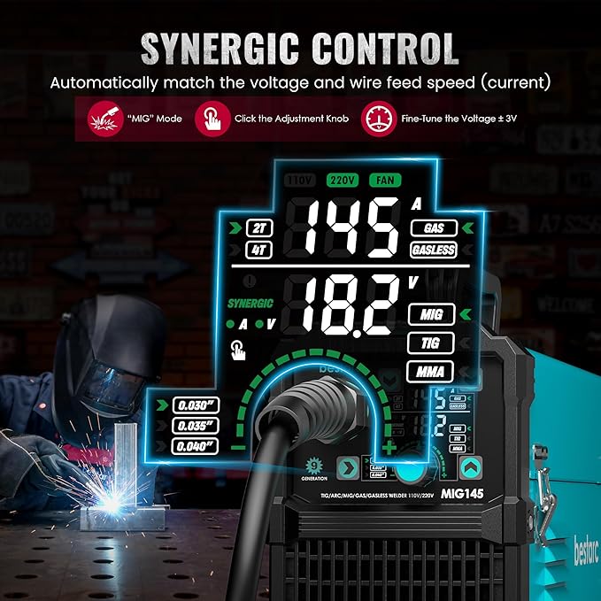 bestarc 145Amp MIG Welder, 110V 220V Flux Core MIG/Lift TIG/Stick 4 in 1 Welder Machine, Large LED Display Welding Machine, IGBT Inverter bestarc Welder MIG145 Soild Gasless Synergy MIG Welder