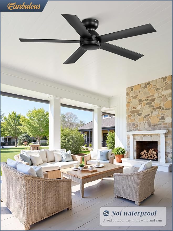 48 Inch Flush Mount Ceiling Fan no Light, Black Ceiling Fan with Remote, 6-Speeds, Quiet Reversible DC Motor, Indoor/Outdoor Ceiling Fans without Lights for Patio, Living Room, Bedroom
