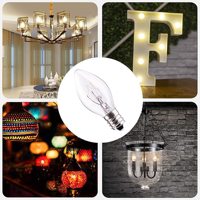 SUNSGNE 25 Pack Clear Replacement Bulbs Night Light Bulbs, C7 Clear Christmas Incandescent Light Bulbs for Night Light Salt Lamp Outdoor Patio String Light, E12/C7 Candelabra Base, 120 Volt, 5 Watt