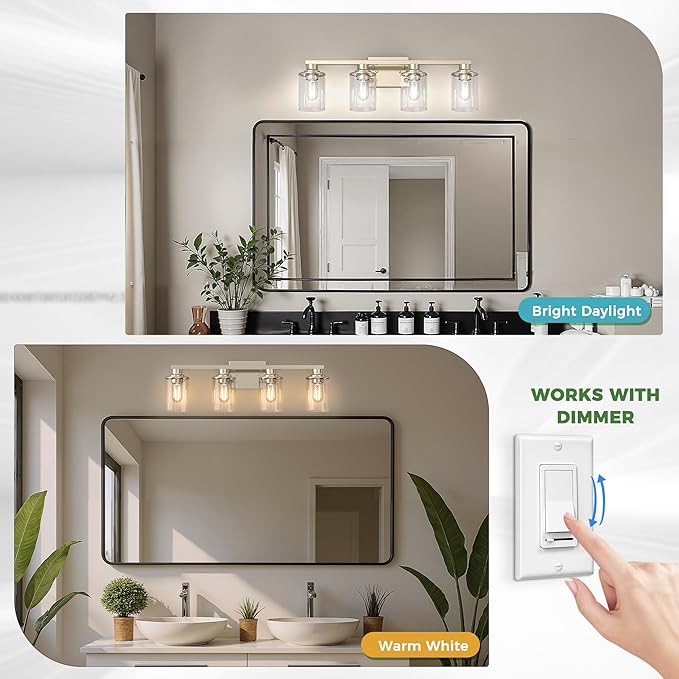 DORESshop 4-Light Vanity Light Fixtures, Nickel Bathroom Light Fixtures Over Mirror with Clear Glass Shade, Modern Vanity Lights for Living Room Bedroom