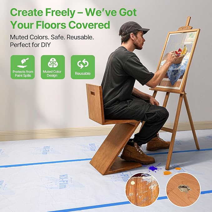 39"x100' Heavy-Duty Floor Protection | Construction Grade Carpet Protector | Drop Cloth Plastic Film for Hardwood Floors | Waterproof Painters Covering with No Residue(Ice Blue)