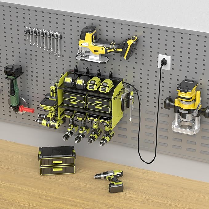 Wall Mount Drill Storage Rack with Charging Station Power Tool Organizer Drill Holder Drill Bit Organizer for Garage Workshop Holds 4 Drills with 8 Outlet Power Strip Christmas Gift(Green Three Layer)