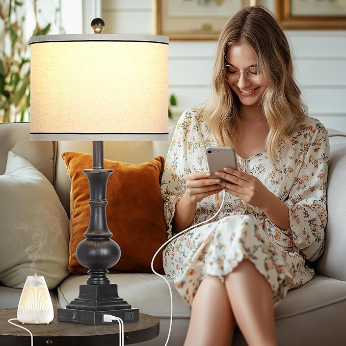 Farmhouse Lamps Set of 2, Vintage Rustic Black Table Lamps with USB A+C Fast Ports & AC Outlets, Traditional Nightstand Bedside Lamp for Living Room Bedrooms Home Office(2 LED Bulbs Included)