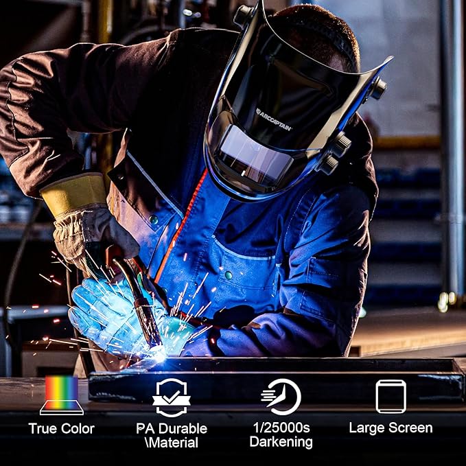 ARCCAPTAIN Auto Darkening Welding Helmet, 3.94"X3.66" Large Viewing Screen True Color Welding Hood with 4 Arc Sensor Solar Powered, Wide Shade 4-5/5-9/9-13 Welding Mask (Glossy Black)
