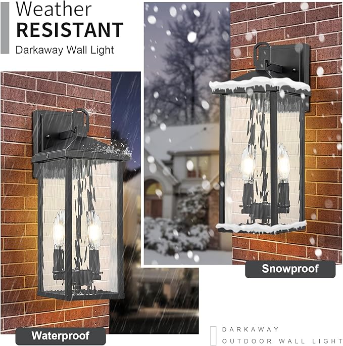 Darkaway Outdoor Wall Lights,2pcs Exterior Lighting Fixtures Wall Mount Porch Lights Waterproof Outdoor Sconce with Water Ripple Glass E12 Socket for House Patio Hallway Garage