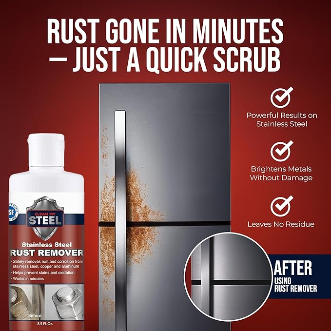 Stainless Steel Rust Stain Remover & Cleaner, Soft Cleanser, Safe for Food Areas, Non-Toxic for Appliances Perfect for Commercial Equipment, Refrigerator, Cybertruck and more (8.5 oz)