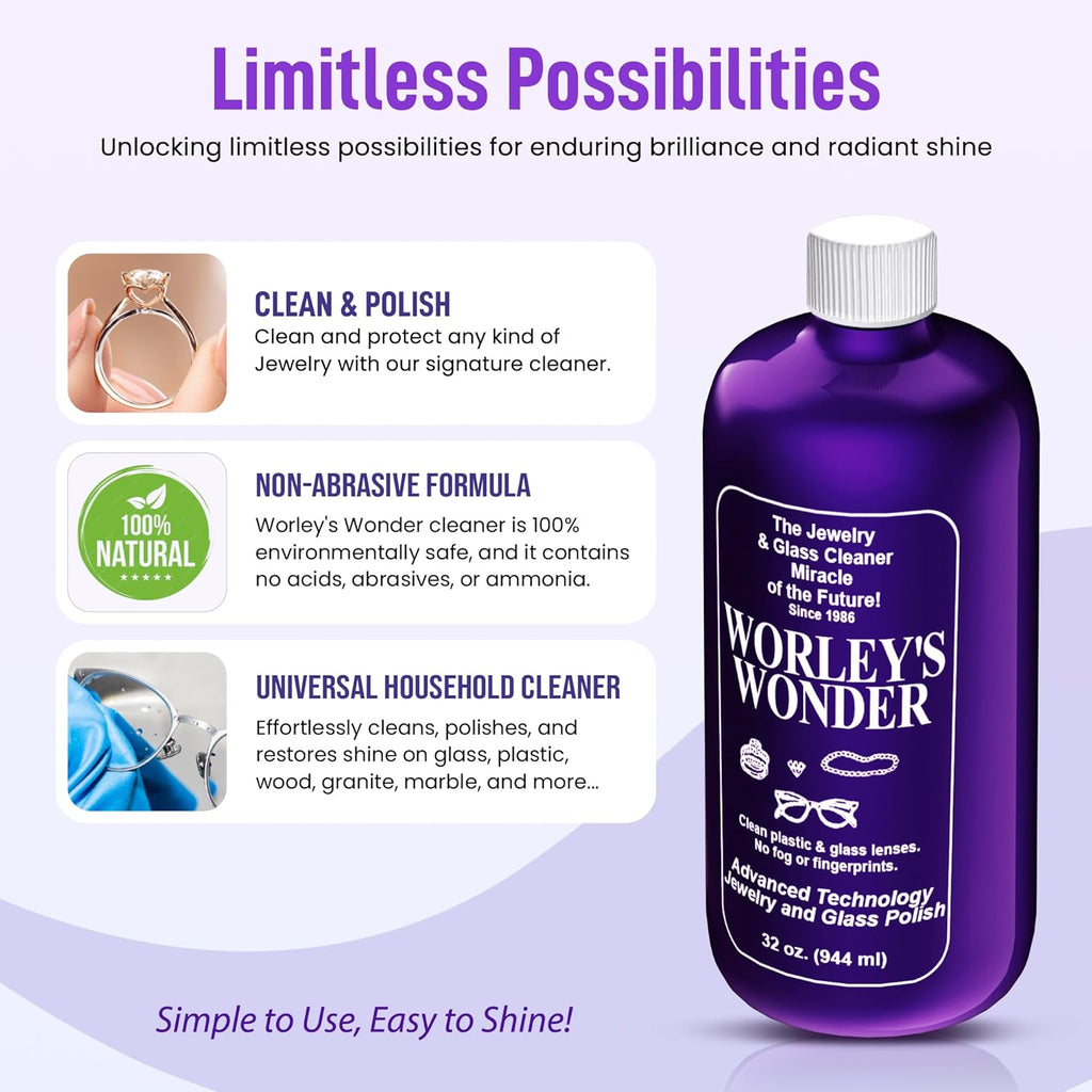 Worley's Wonder Jewelry & Glass Cleaner - Jewelry Cleaner Spray for Gold, Silver, Diamonds, Gemstones, Glass, Marble, Electronics (32 Ounce Refill Bottle - Pack of 2)