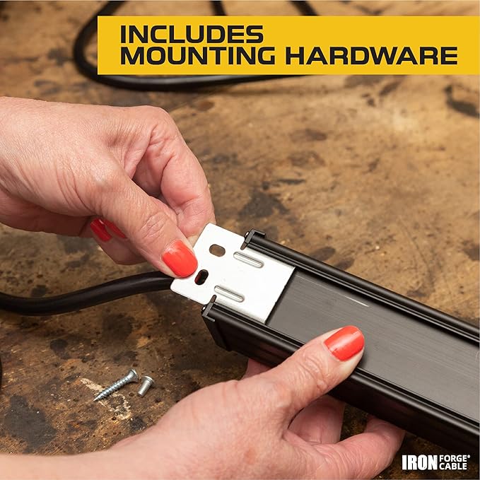 Iron Forge Cable 12 Outlet Heavy Duty Surge Protector Power Strip with Built-in Circuit Breaker, 14/3 SJT Black & Yellow with 9 ft Extension Cord