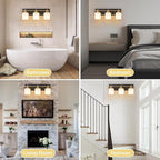 3 Light Modern Bathroom Light Fixtures Over Mirror, Black Gold Vanity Lights for Bathroom Wall Sconces with Milky White Glass Shades, E26 Socket (Bulbs Not Included)