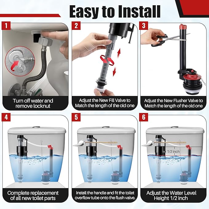 Toilet Flusher Replacement Kit, 2-Inch Toilet Flusher Repair Kit Include Adjustable Fill Valve with Flapper, Flush Handle Lever, Gasket and Bolts, Anti-Siphon Repair Parts Inside Tank (1 Set)