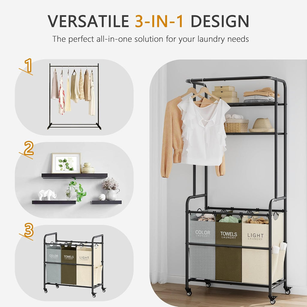 Laundry Sorter 3 Section,Laundry Hamper Cart with Hanging Rack & Removable Bags,Heavy Duty Laundry Basket Organizer with Wheels & 2 Tier Shelf,3 Colors