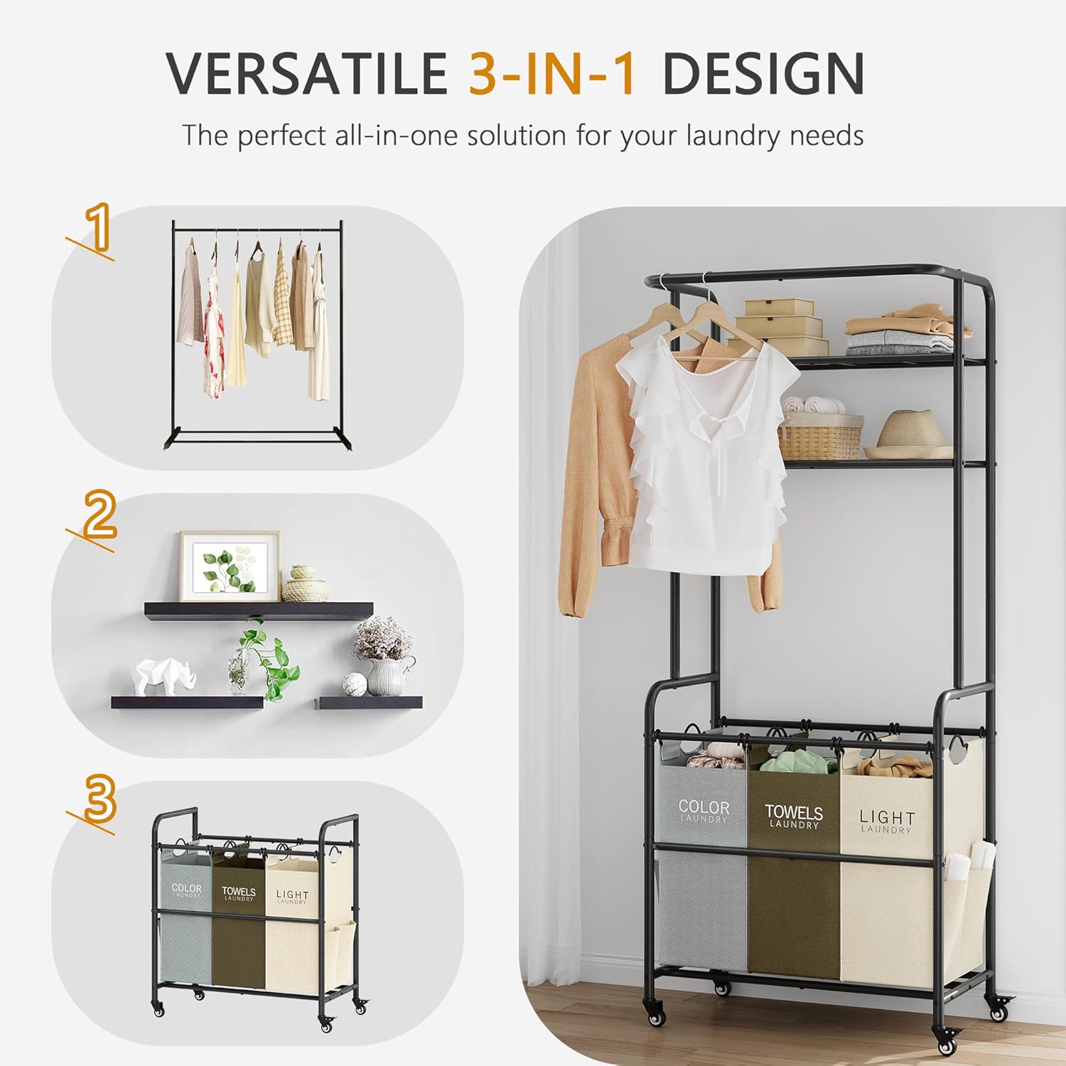 Laundry Sorter 3 Section,Laundry Hamper Cart with Hanging Rack & Removable Bags,Heavy Duty Laundry Basket Organizer with Wheels & 2 Tier Shelf,3 Colors