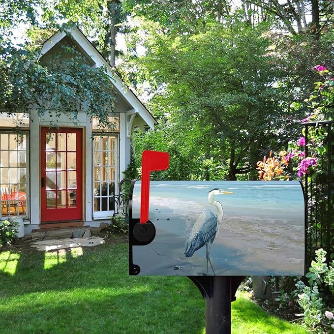 Heron Beach Mailbox Covers Oversized Summer Nautical Blue Mailbox Cover Magnetic Large Size 25.5x21 Inch Coastal Sea Bird Letter Post Box Wraps Decor for Garden Yard