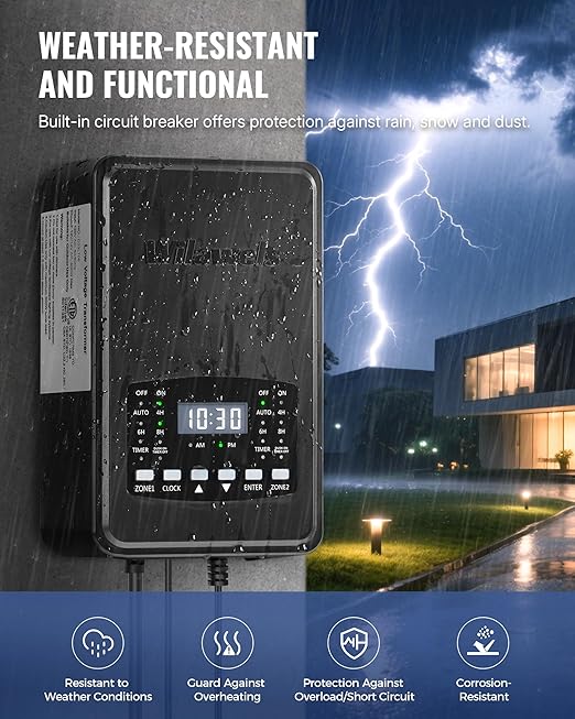 400W Low Voltage Landscape Transformer, 2 Zone Independent Control Landscape Lighting Transformer, 120VAC to 12/14V AC Low Voltage Transformer with Timer & Photocell Sensor ETL Listed D23LT06