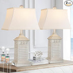 Hamucd Coastal Table Lamps Set of 2, Beach Living Lamps for Bedroom with USB A+C, Washed White Modern Resin LED 3-Color Temperature Bedside Nautical Decor, Nightstand Tropical Lamps for End Table.