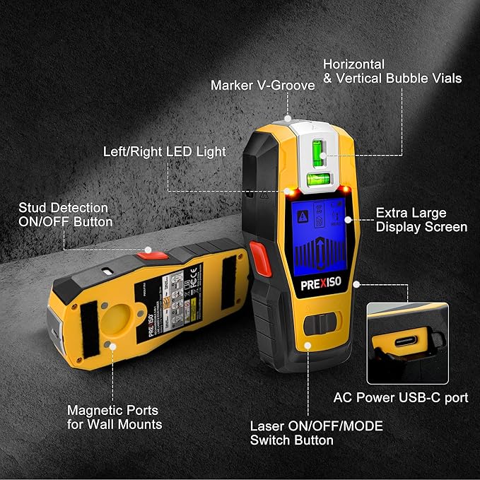 PREXISO 2-in-1 Stud Finder with Laser Level, Rechargeable Multi Surface Cross Line Laser & Wall Stud Scanners Tool for Hanging Frames & Picture, Wood Ac Wire Metal Studs Joist Pipe Detection