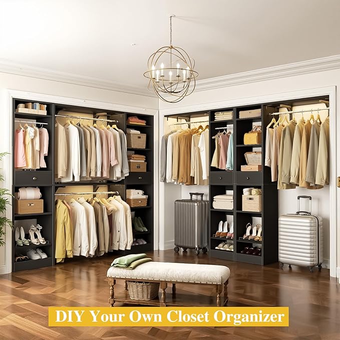 Unikito 10-15FT Closet Systems, Large Wood Walk in Closet Organizer with Hanging Rods and Drawers, Heavy Duty Closets Wardrobe with Shoe Rack, Sturdy Reversible Clothes Closet Kit, Black, Set of 2