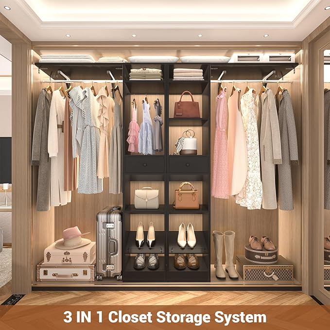 Unikito 58 - 90 Inch Closet System, Large Walk in Closet Organizer with 3 Hanging Rods and Shelves, Heavy Duty Wood Closets Wardrobe with 2 Drawers & Shoe Rack, Sturdy Reversible Clothing Rack, Black