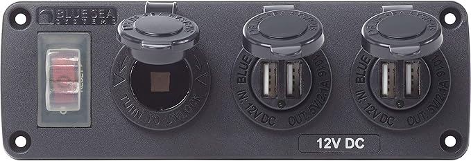 Blue Sea Systems 4365 Water-Resistant Accessory Panel - 15A Circuit Breaker, 12V Socket, 2X 2.1A Dual USB Chargers,Black
