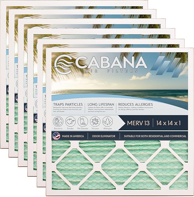 Cabana Filters 6-Pack 14x14x1 MERV 13 AC Furnace Air Filter for Home and Office - Indoor HVAC System Filtration Replacement, Captures Unwanted Particles