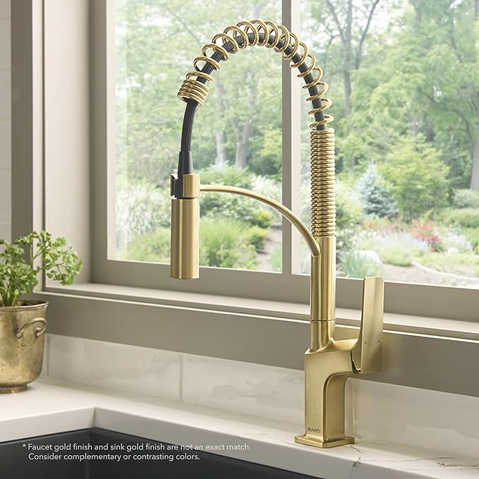 Ruvati Seneca Single Handle Pull Down Spring Kitchen Faucet with Pre-Rinse Sprayer in Brushed Gold - RVF1236SG