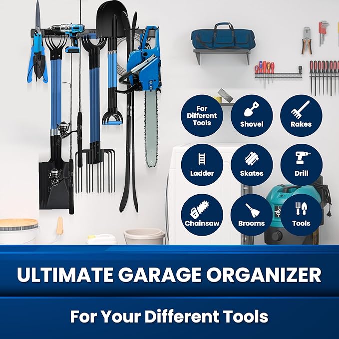 48'' All-Metal Garage Tool Organizer Wall Mount – Heavy-Duty Tool Rack Holds 450 lbs, Adjustable Hooks for Garage, Yard, and Garden Equipment