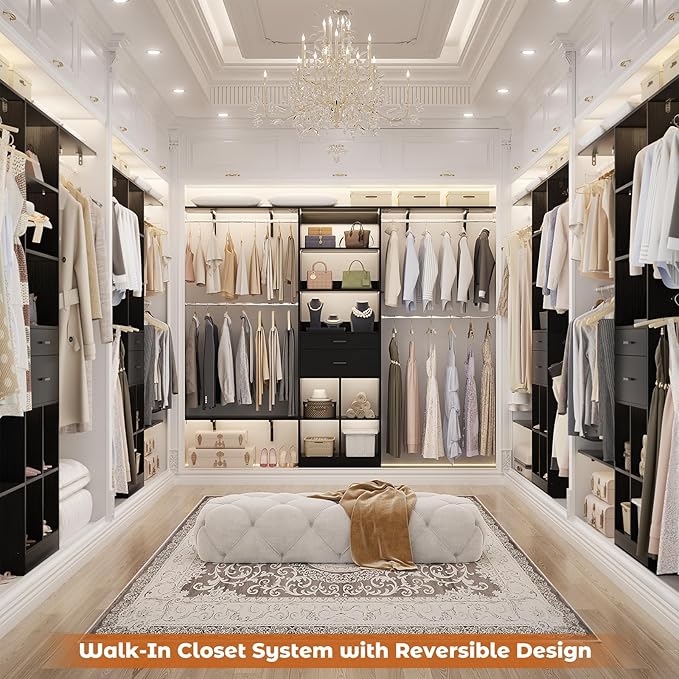 Closet System - 8FT Closet Organizer System with Wooden Drawers, 96" Closet Systems for Nursery & Walk-In Closets with Cuttable Hanging Shelving, Black
