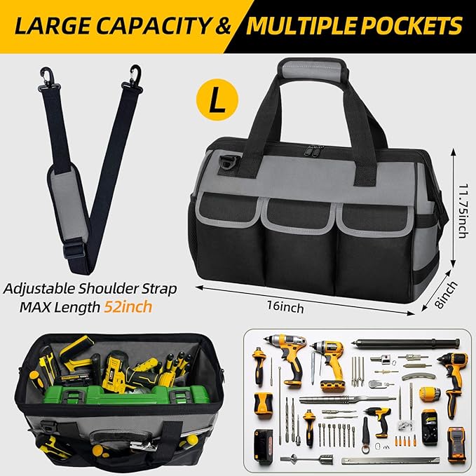 Tool Bag, Portable Tool Box Organizer Adjustable Shoulder Strap, Carry Tool Tote Heavy Duty Tool Storage Bag With Wide Mouth,Tool Bags for Men Mechanic EngineerGift - L, Dark Grey & Black