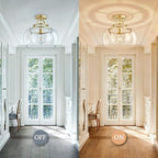 Industrial Round Chandelier Rustic Ceiling Light Fixture Farmhouse Pendant Light with Clear Glass Shade for Dining Room Hallway Entryway Kitchen Bedroom, Gold