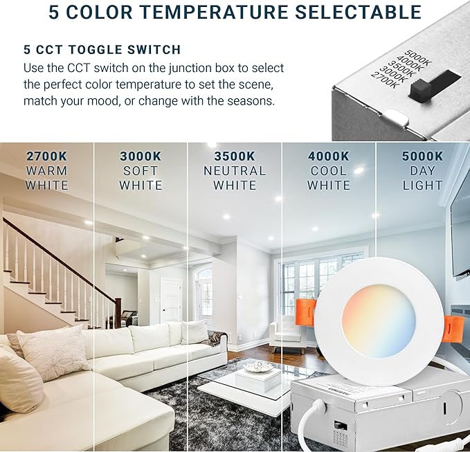 PARMIDA (6 Pack) 3 Inch 5CCT Ultra-Thin LED Recessed Ceiling Light with Junction Box, 5 Color Selectable 2700K/3000K/3500K/4000K/5000K, 8W, Dimmable Canless Wafer Slim Panel Downlight, IC Rated, ETL