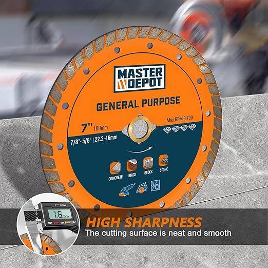 7 Inch Diamond Cutting Blade, Turbo Rim for Angle Grinder Circular Saw Cutter Wheel Dry Wet for Masonry/Concrete/Brick/Stone, 7/8"-5/8" Arbor (180mm, 3 PCS)