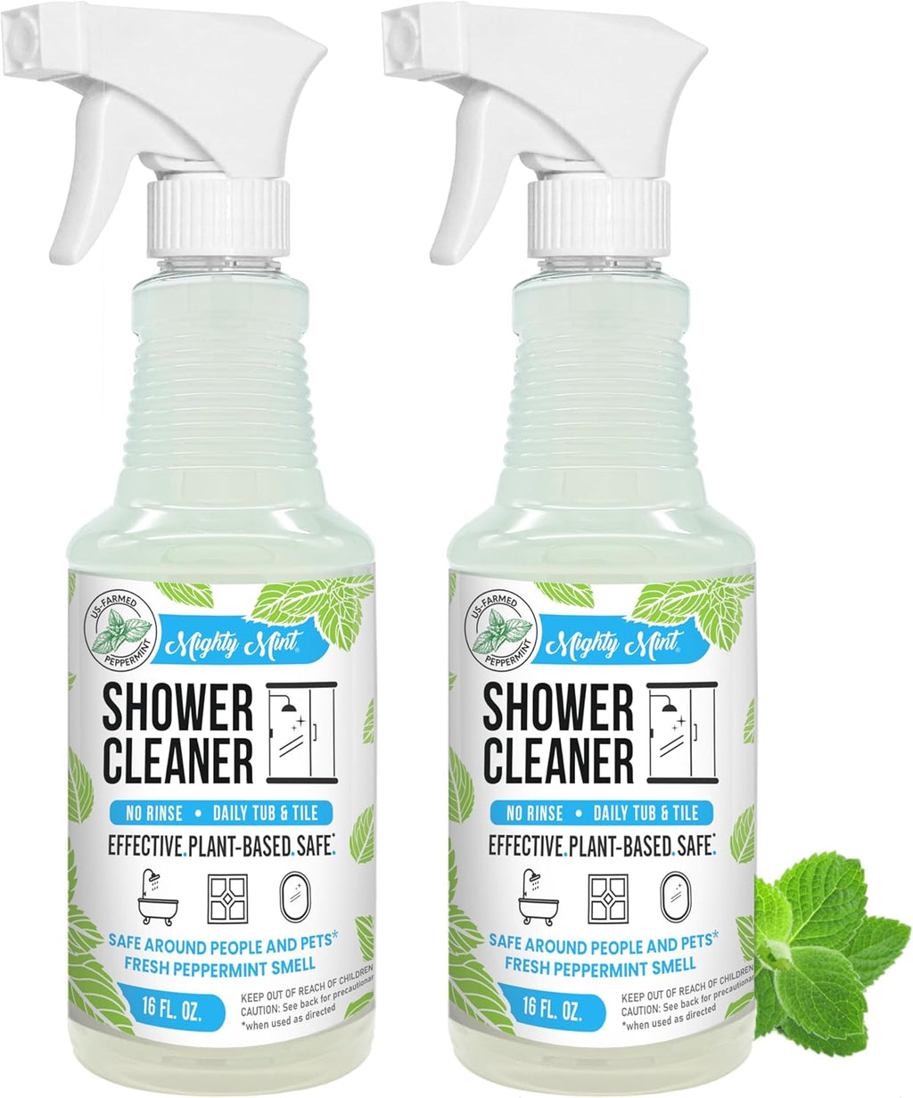 Mighty Mint Shower Cleaner, No-Rinse, No-Scrub, Daily Spray for Glass, Tile, Grout, Natural Peppermint Scent, 16oz - 2 Pack