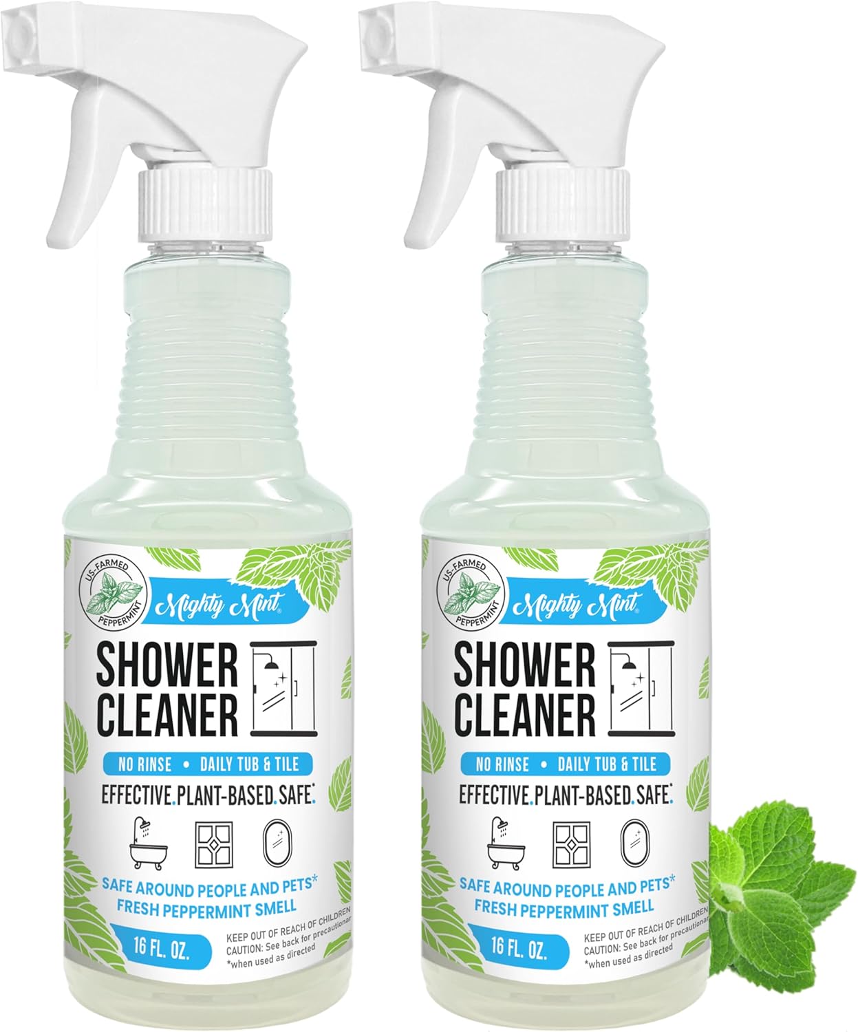 Mighty Mint Shower Cleaner, No-Rinse, No-Scrub, Daily Spray for Glass, Tile, Grout, Natural Peppermint Scent, 16oz - 2 Pack
