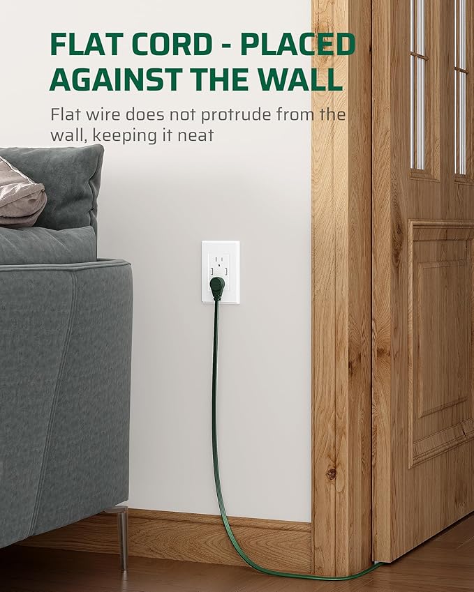 DEWENWILS 3 Outlet Extension Cord with Flat Plug, 3FT 16/3 Awg Grounded Power Cable for Indoor Use, SPT-3 Cord, Green, ETL Listed, 2 Pack