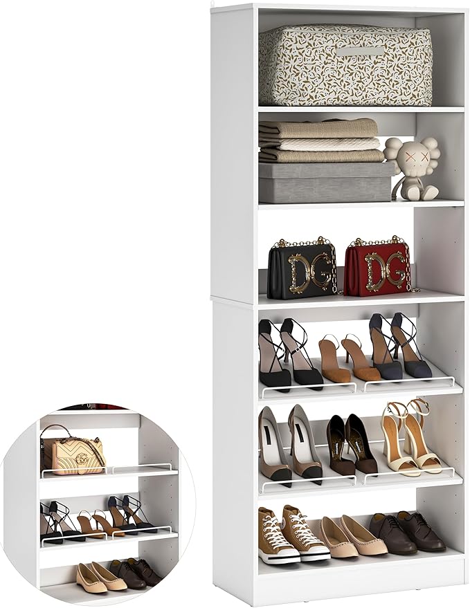 Unikito 25” Closet Organizer System, Freestanding Shoe Storage Shelves, Standalone Wood Shoe Rack, Heavy Duty Walk in Closet Tower for Bedroom, Mudroom and Entryway, 25" W x 16" D x 80" H, White