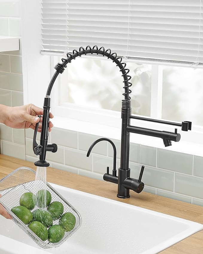 Fapully Commercial 3 Way Kitchen Faucets with Pull Down Sprayer and Water Filler,3 in 1 Kitchen Sink Faucet with Drinking Water Faucet Matte Black