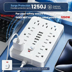5 FT Flat Plug Surge Protector Power Strip,11 Multiple AC Outlets with 6 USB Ports (2 USB C), 5 Feet Extension Cord, 1250W/10A, One Touch Switch Button, 17 in 1 Compact powerstrip-White