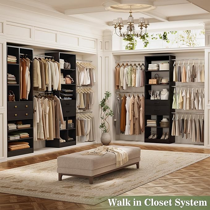 Closet System, Up to 128.6"/10.7 FT Closet Organizer with 4 Wooden Drawers and Shelves, Walk-in Closet System with 6 Hanging Rods, Built-in Closet Can Fit 96"/8FT, 120"/10FT, Black