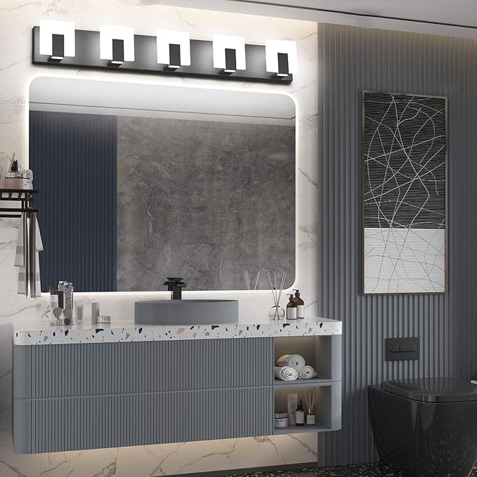 Aipsun 5 Lights Modern Black Vanity Light Up and Down Black Bathroom Lighting Fixtures LED Bathroom Wall Light Over Mirror 6000K