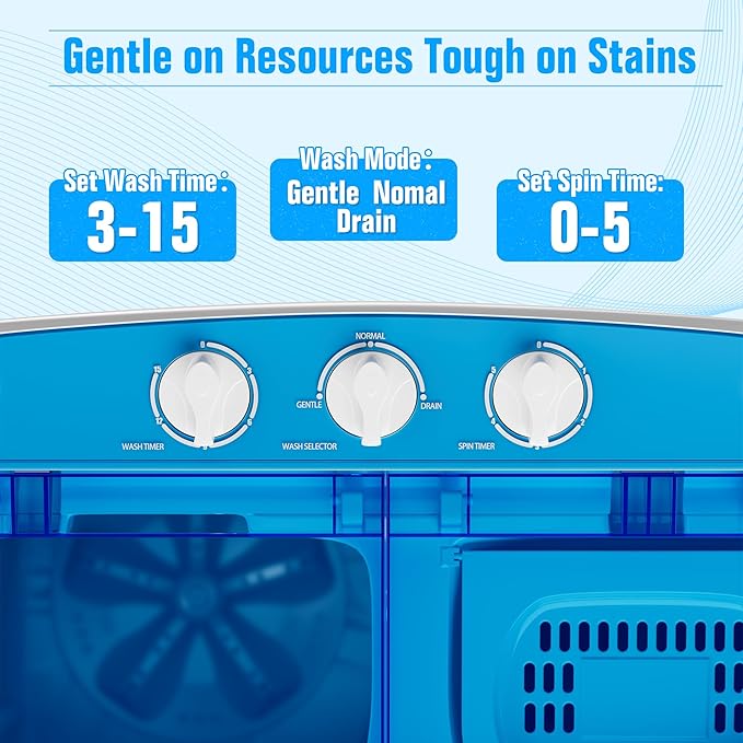 INTERGREAT Portable Washing Machine with Longer Hose, 16lbs Twin Tub Washer Mini Compact Laundry Washing Machine with Drain Pump, Semi-automatic Washer Combo for Dorms, Apartments, Blue