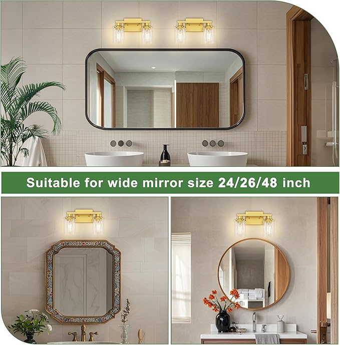 DORESshop Bathroom Light Fixtures, 2-Light Vanity Light Over Mirror with Clear Glass Shade, Vanity Lights for Living Room Bedroom, Gold, ETL Listed