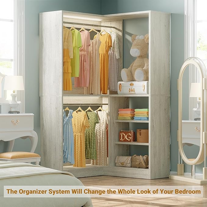 Unikito 36 Inch Corner Closet System, Large Freestanding Closet Organizer System with 2 Hanging Rods and Storage Shelves, Sturdy Walk in Closet Tower, 36" W x 36" D x 80" H, White Oak
