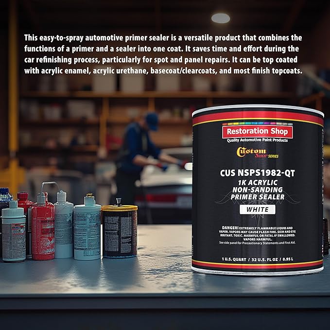 Custom Shop Premium 1K Acrylic Non-Sanding Primer Sealer Paint, Color White, 1 Quart - Fast Drying, Ready-To-Spray, Apply Over Automotive Primer Surfacers, Sanded Finishes - Topcoat Urethane, Enamel