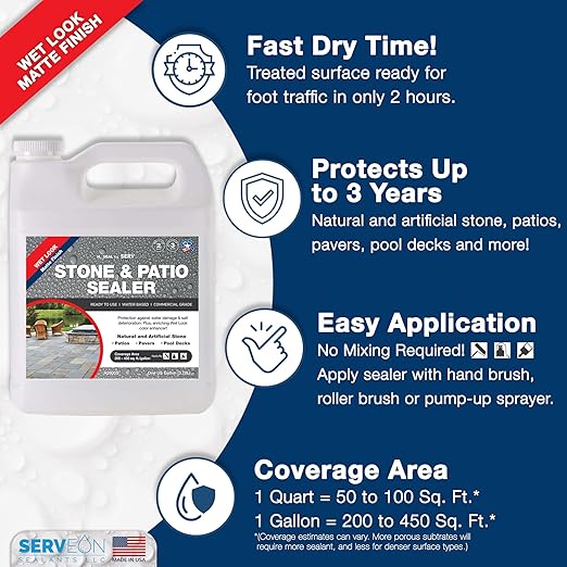 Natural Stone Sealer (Wet Look Matte Finish) Commercial Grade Outdoor Indoor Waterproof Grout Sealer Protects Pavers Pools Patios Decorative Landscape Stones (1 Gallon) H2800S