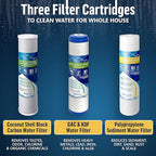 3 Stage High Capacity 20” Blue Whole House Water Filter System, Freestanding Steel Frame, Sediment, GAC+KDF & Carbon Cartridges, Presser Relief Button, 1” Brass Port, Pressure Gauges, Double O-Ring