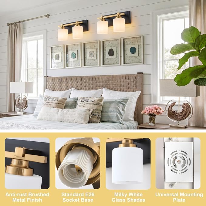 2 Light Modern Bathroom Light Fixtures Over Mirror, Black Gold Vanity Lights for Bathroom Wall Sconces with Milky White Glass Shades, E26 Socket (Bulbs Not Included)