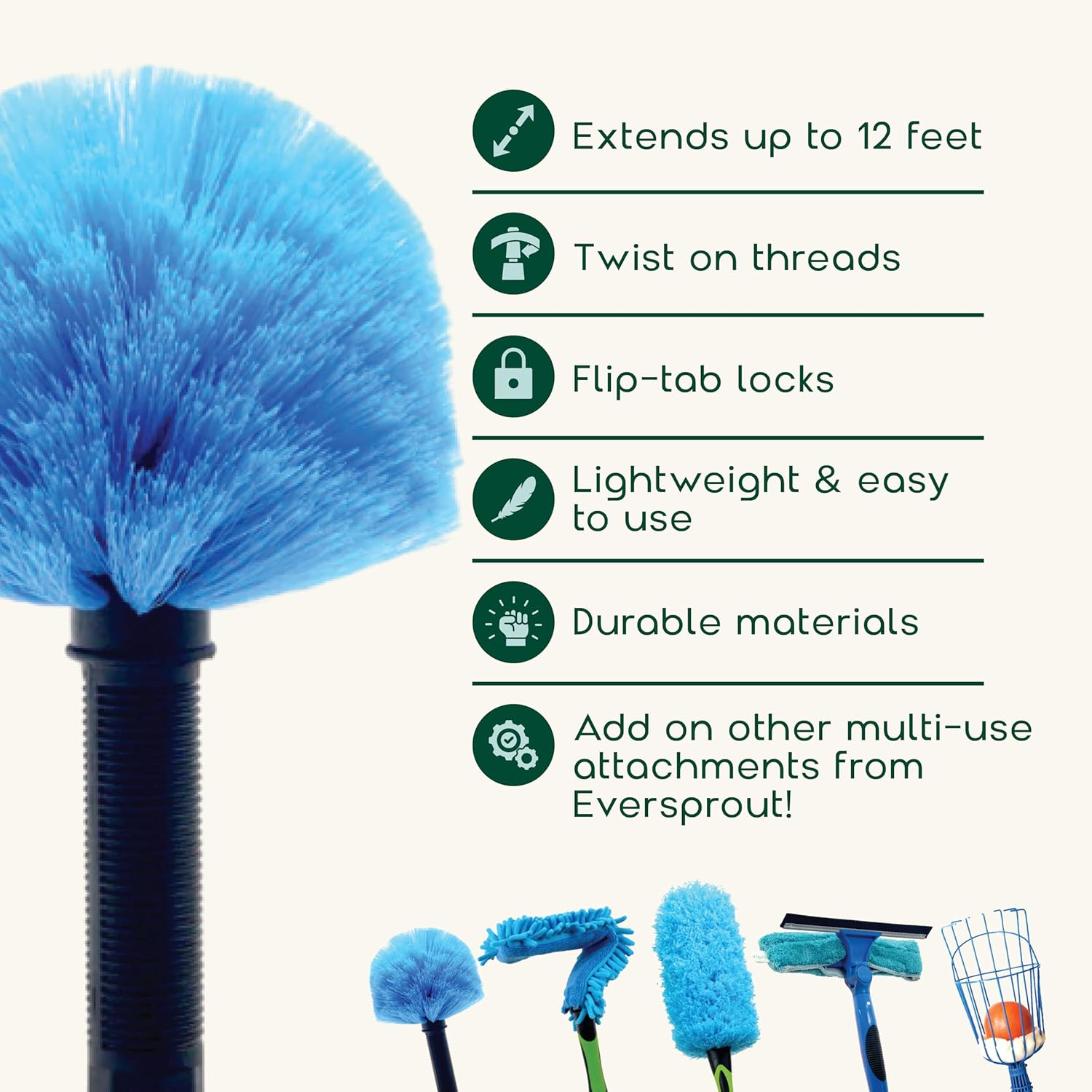 EVERSPROUT 5-to-12 Foot Cobweb Duster and Extension-Pole Combo (20 Foot Reach, Soft Bristles) | Hand Packaged | Lightweight, 3-Stage Aluminum Pole | Indoor & Outdoor Use Brush Attachment